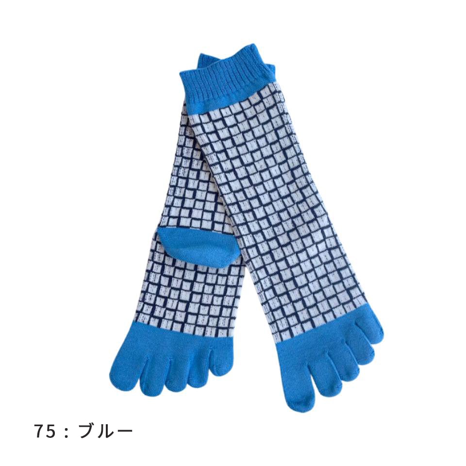 knitido カジュアル ランダム格子柄 ロークルー 5本指ソックス 23-25cm