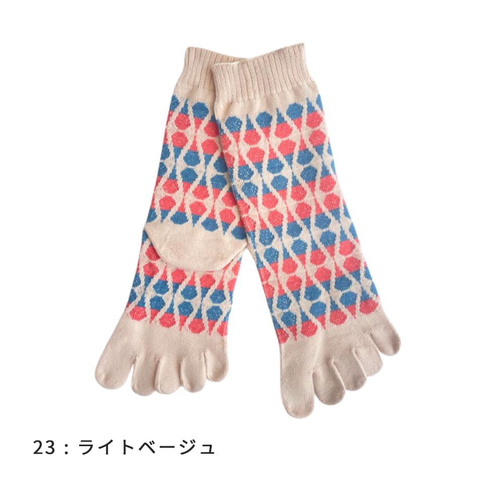 knitido カジュアル ティア柄 ロークルー 5本指ソックス 23-25cm