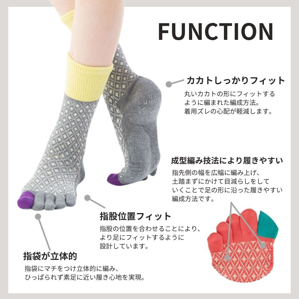 knitido ベーシック・エアークッション バイヤスダイヤ ハイクルー 5本指ソックス 23-25cm