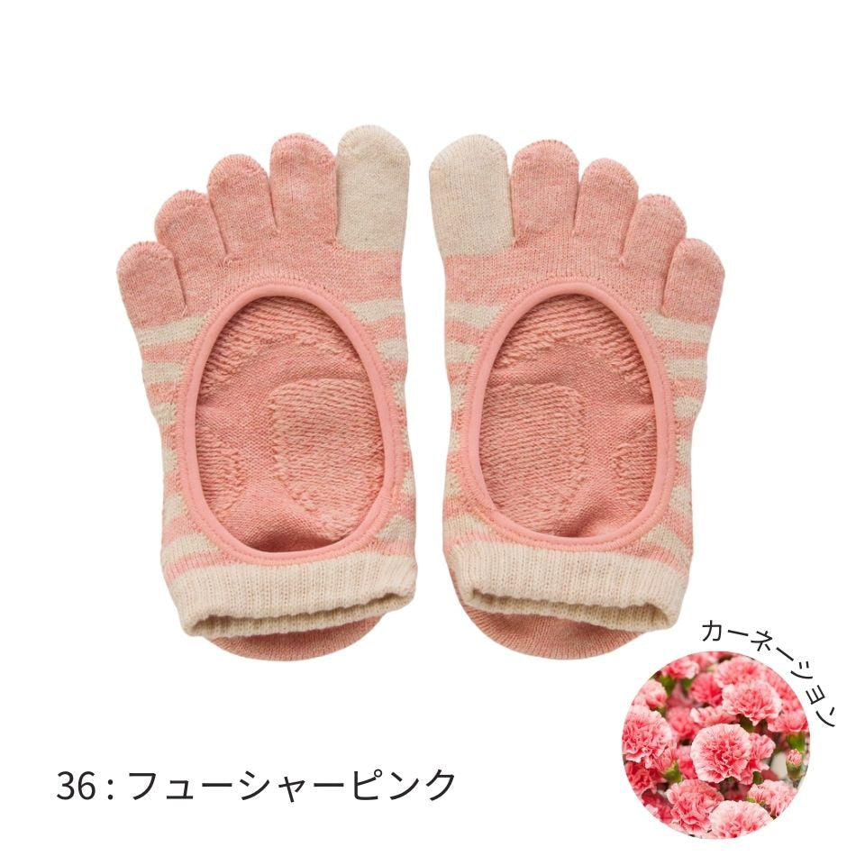 knitido ベーシック・エアークッション ボタニカルダイ バイカラーボーダー カバー 5本指ソックス 23-25cm