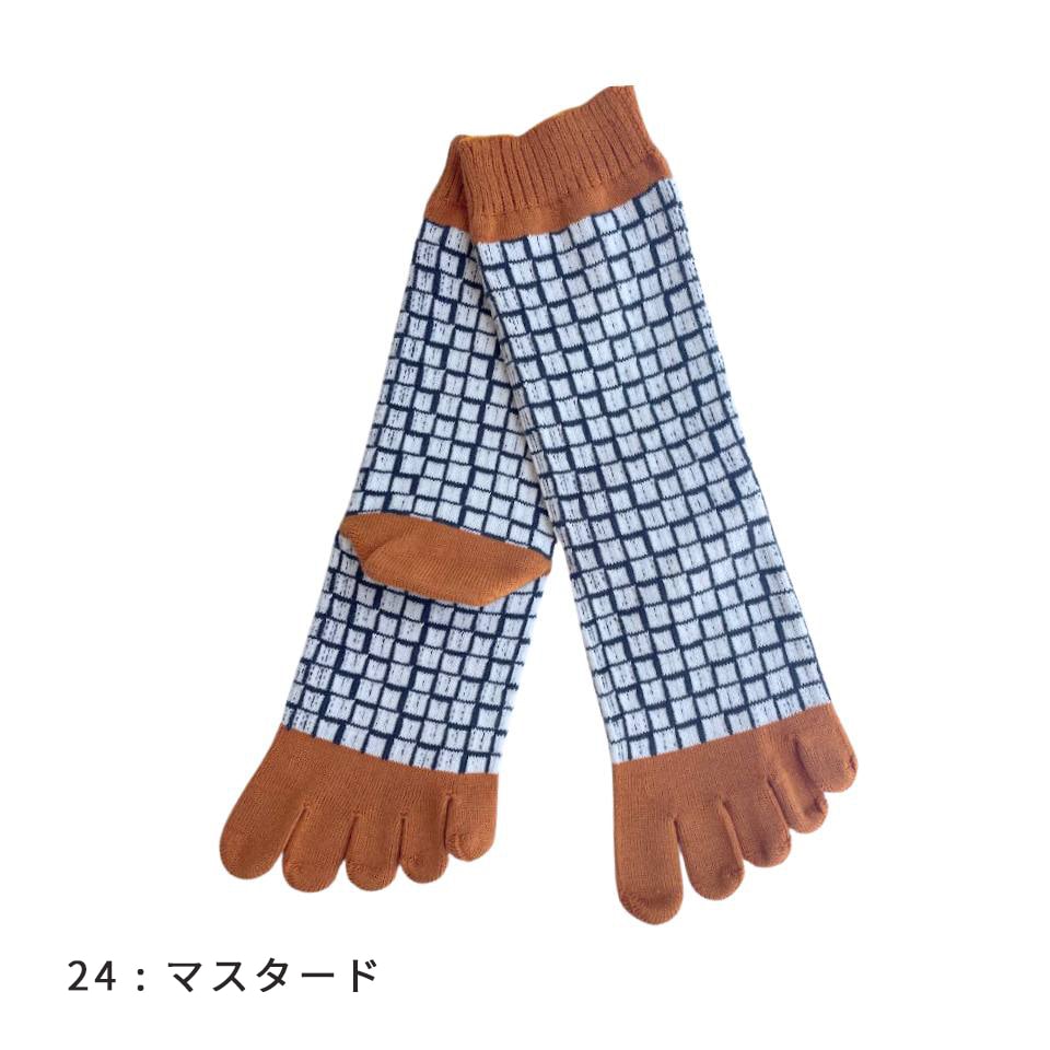 knitido カジュアル ランダム格子柄 ロークルー 5本指ソックス 23-25cm