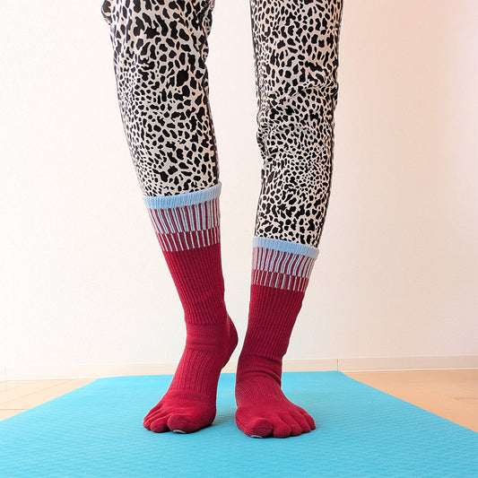 ビューティー・エアークッション バイカラーストライプ ハイクルー 5本指ソックス