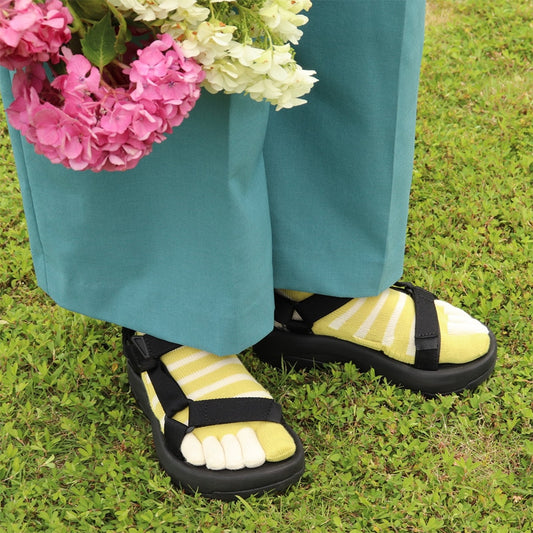 knitido ベーシック・エアークッション バイカラーボーダー ハイクルー 5本指ソックス 23-25cm